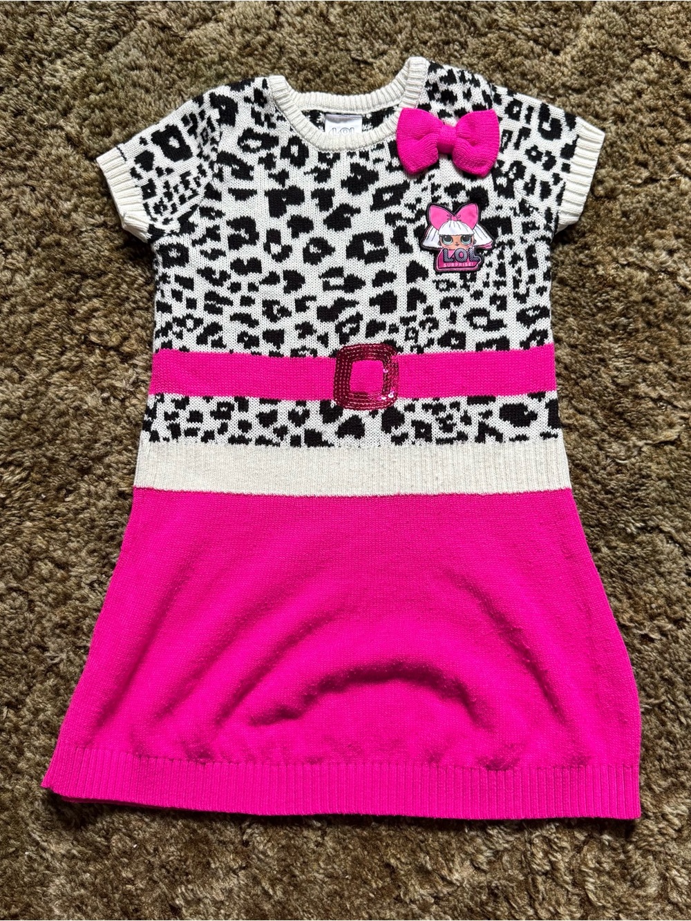 L.O.L. Surprise! Black & White Leopard Print Knit Dress with Hot Pink Bow